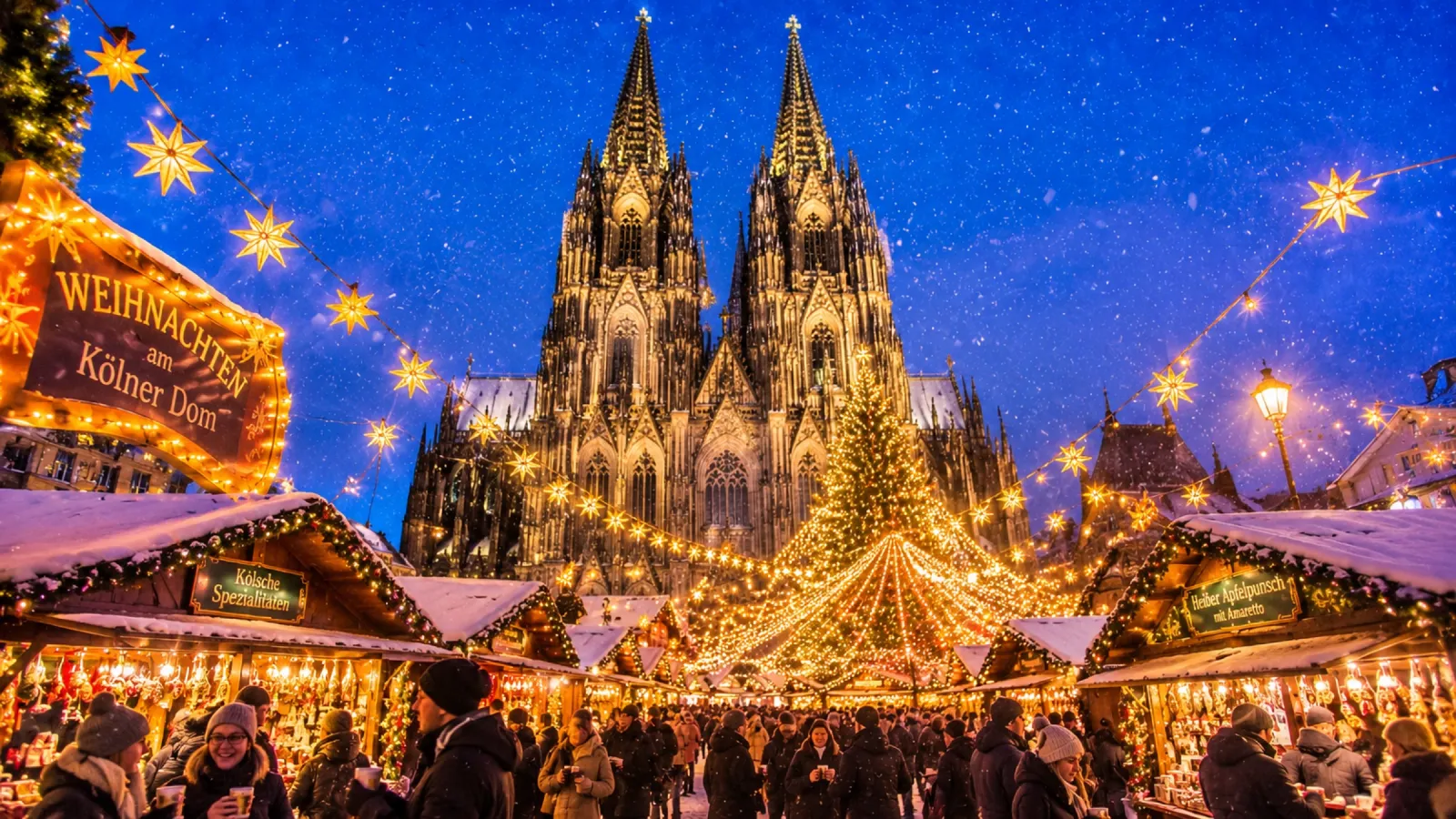 Christmas market lights beside Cologne Cathedral