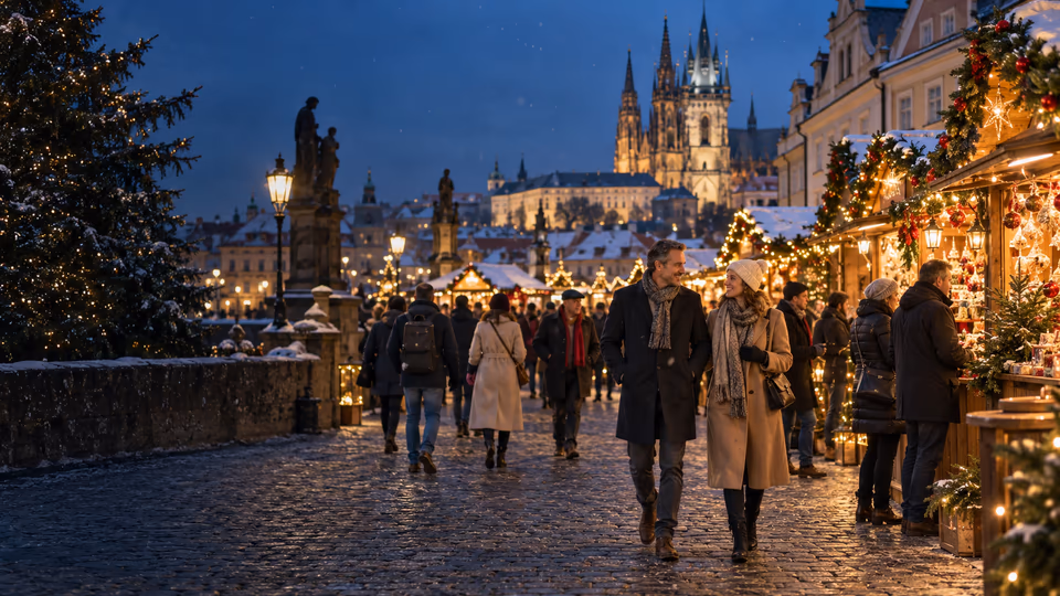 People exploring a European Christmas market